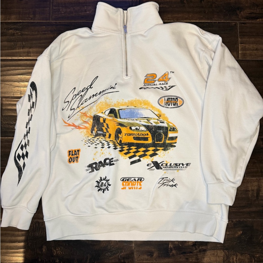 H&M Divided Speed Slammin Racing Sweatshirt White Quarter Zip Oversized Medium